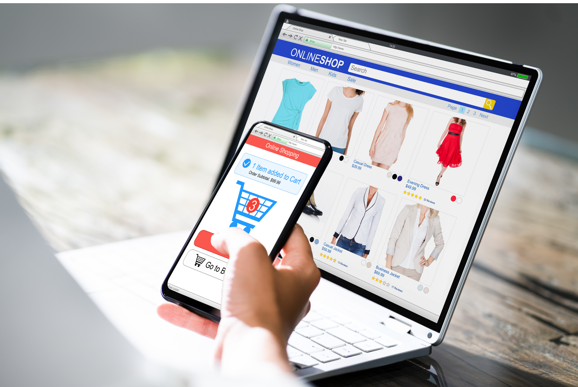Online shopping shown on a phone and laptop
