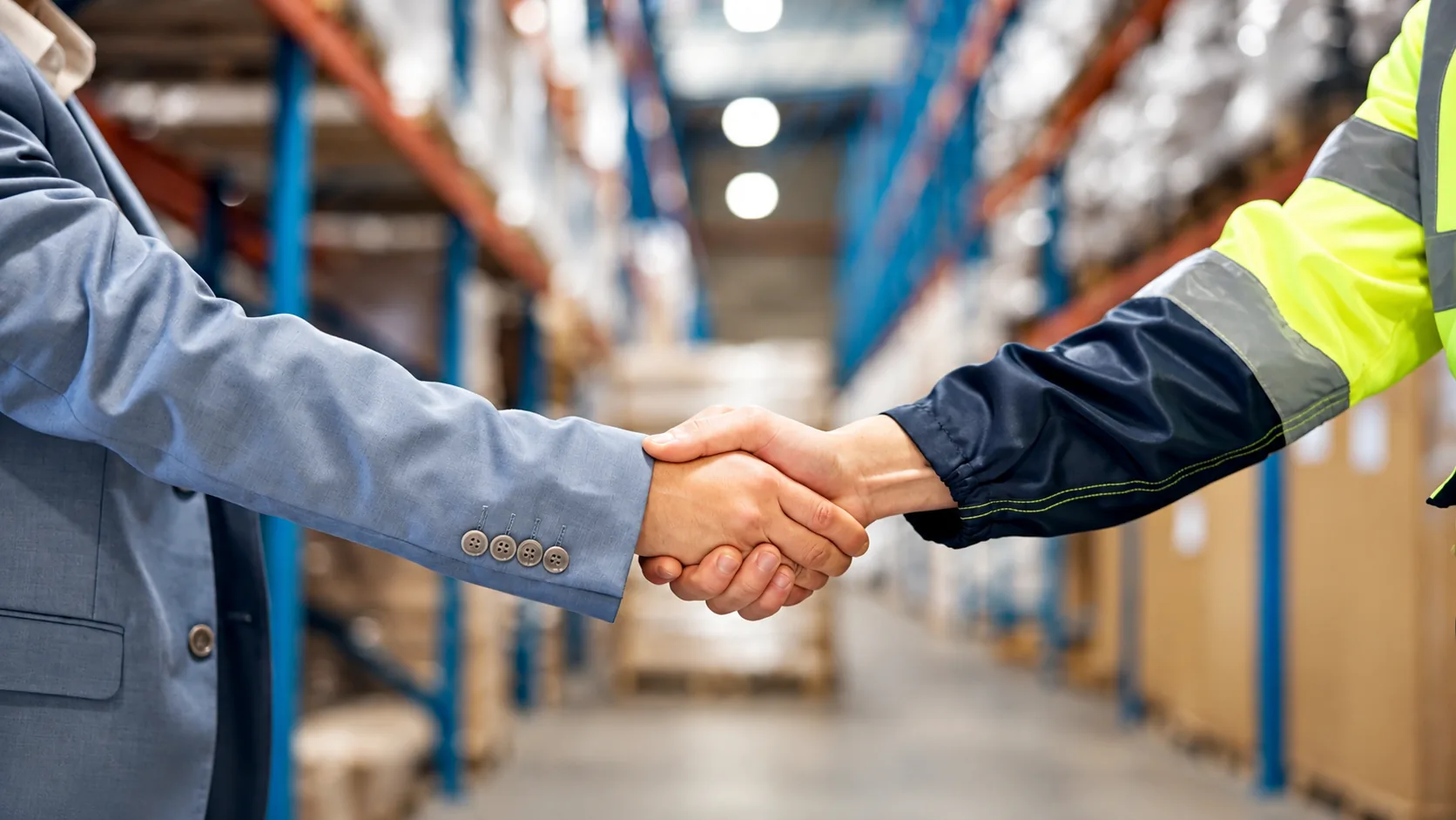 Business and warehouse representatives shaking hands